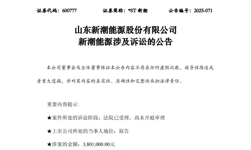 山东新潮能源股份有限公司涉及诉讼公告